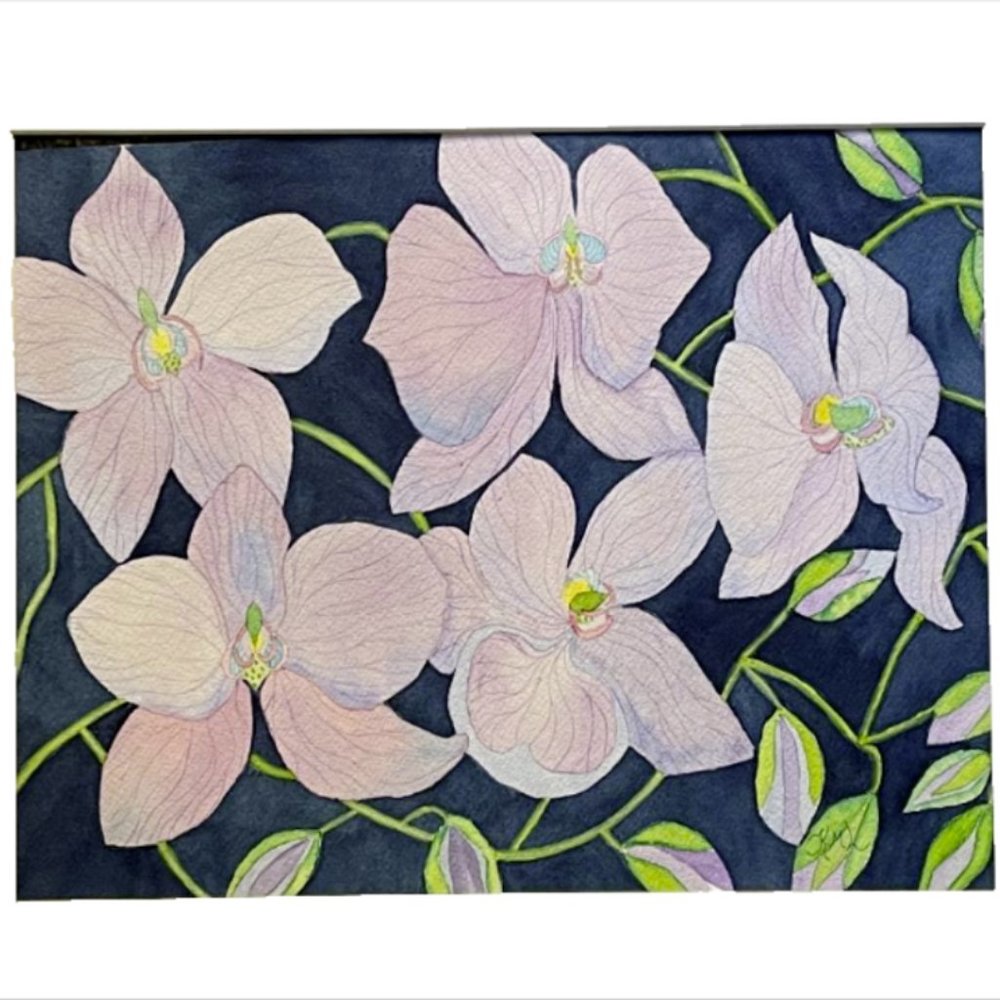 Painting Watercolor Original Art Flower Orchid Lavender Blue 11x14 Mat 16x20